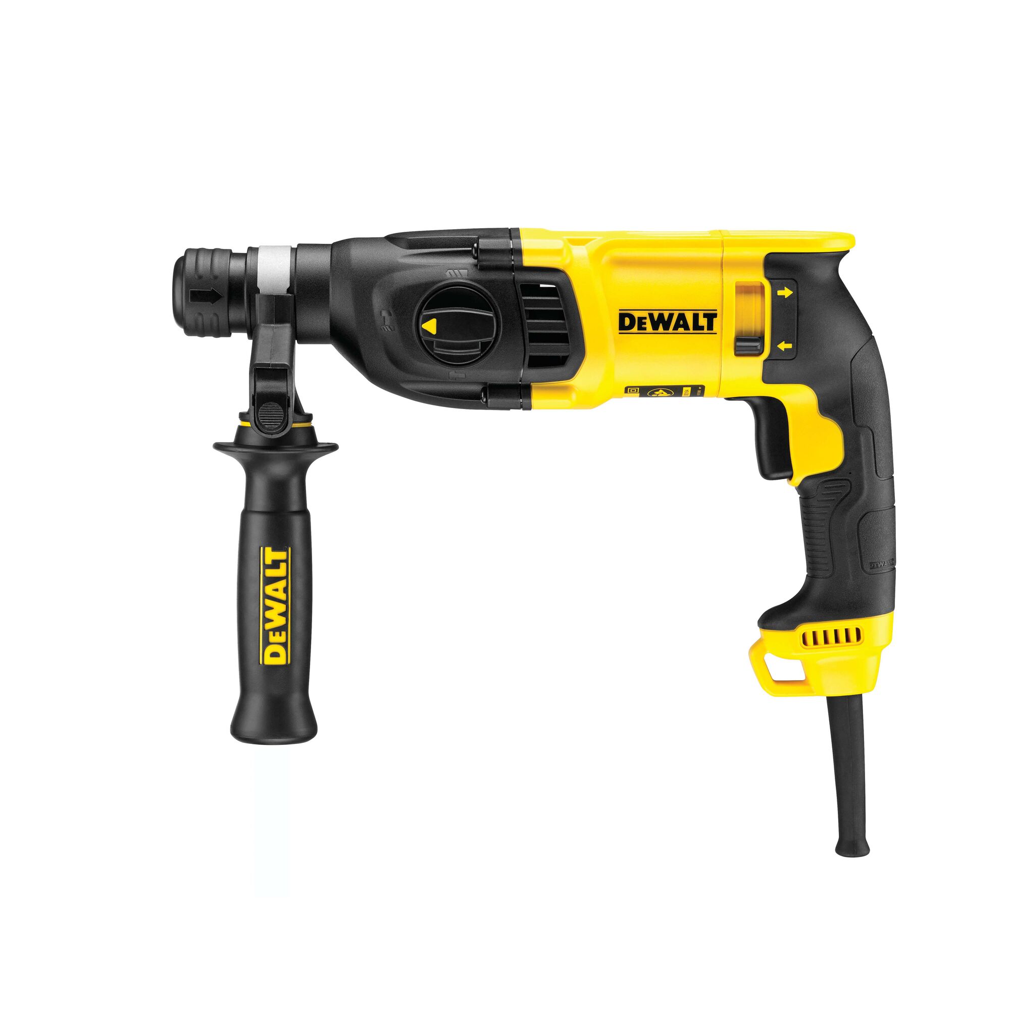 A yellow and black DEWALT corded rotary hammer drill with a side handle, designed for heavy-duty construction and drilling tasks.