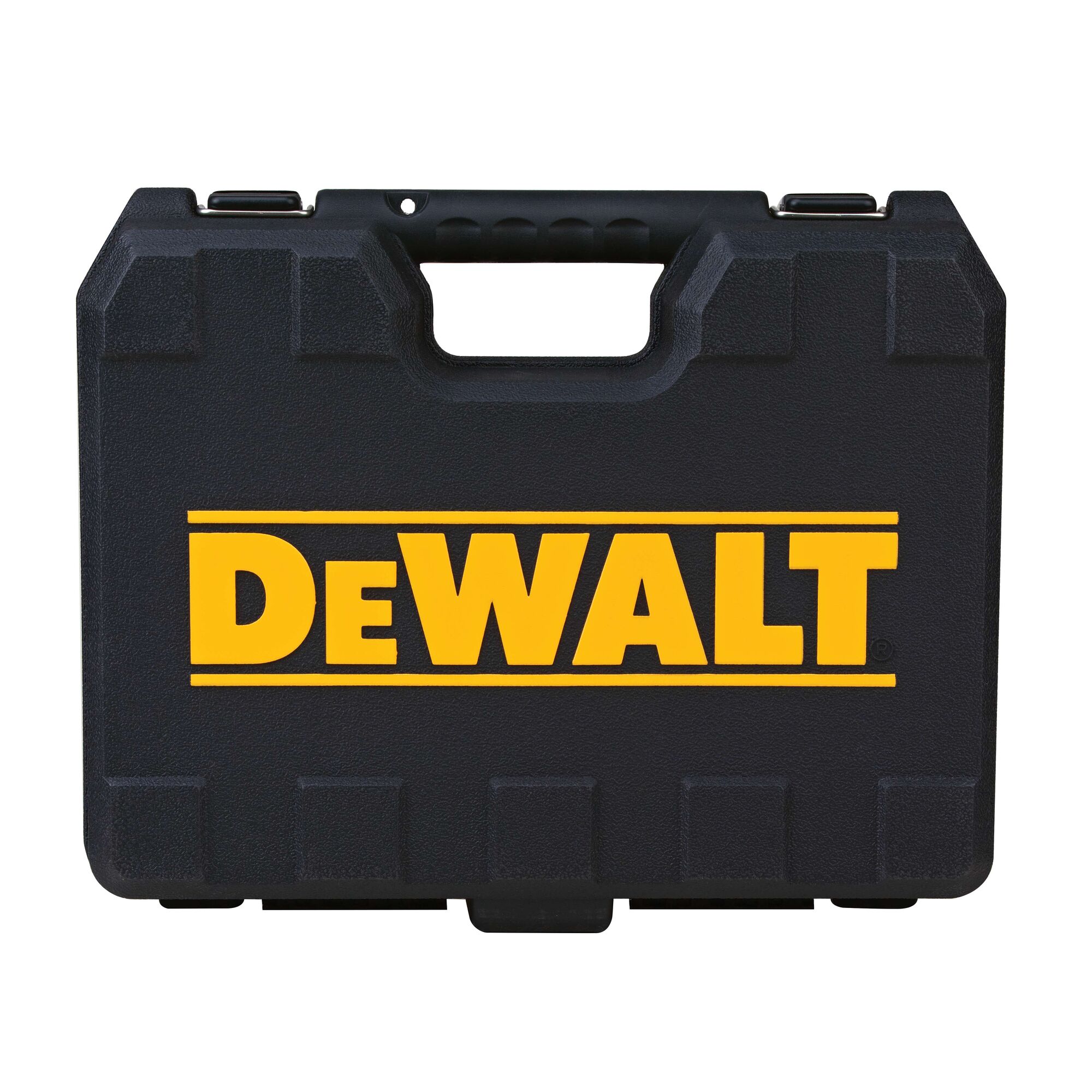 A black DEWALT carrying case with a yellow DEWALT logo in the center, featuring a sturdy handle and reinforced corners.