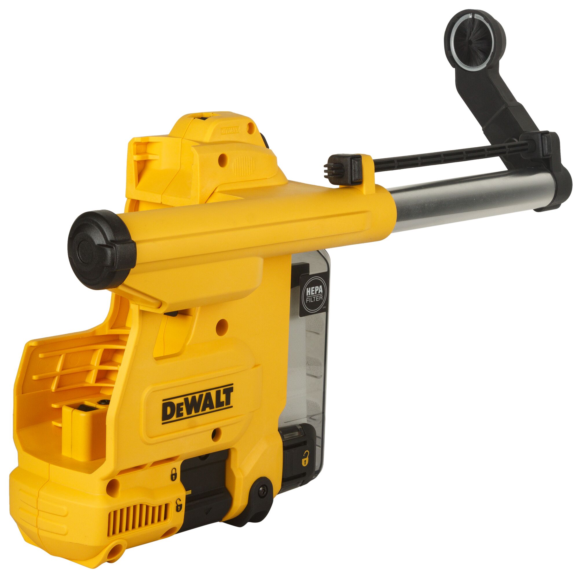 A DEWALT D25304DH yellow attachment for dust extraction, featuring a HEPA filter, designed to connect to power tools for clean drilling operations.
