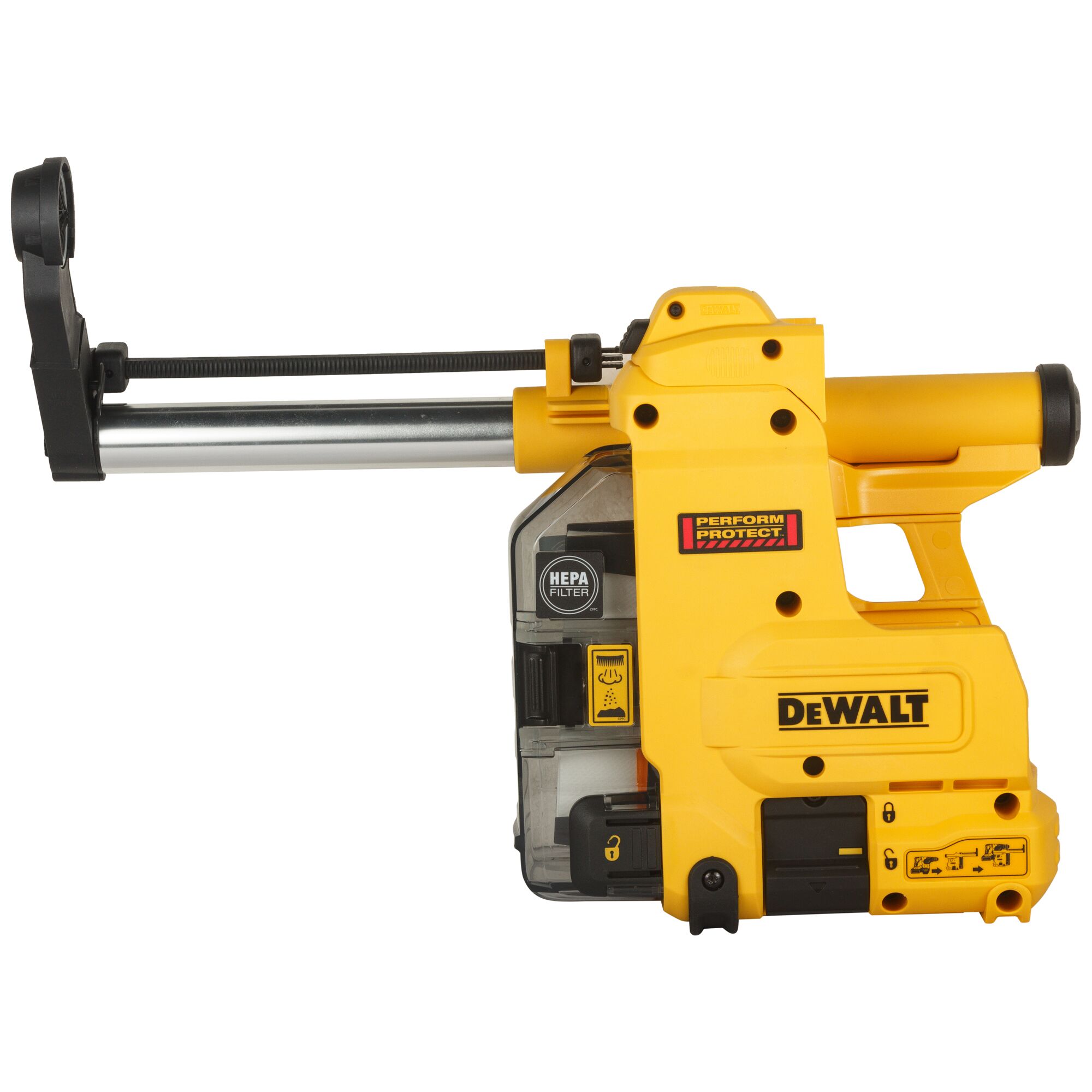 A DEWALT D25304DH yellow and black dust extraction attachment designed for use with rotary hammers, featuring a HEPA filter and Perform & Protect labeling.