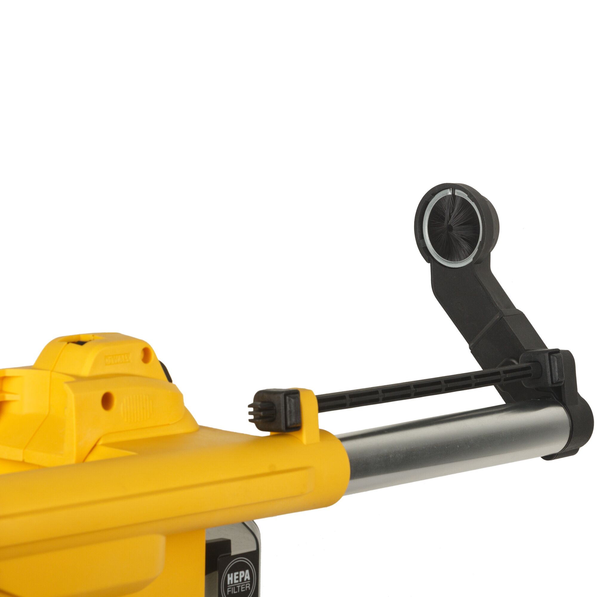 Close-up of a DEWALT D25304DH yellow dust extraction attachment for power tools, featuring a HEPA filter and adjustable arm.