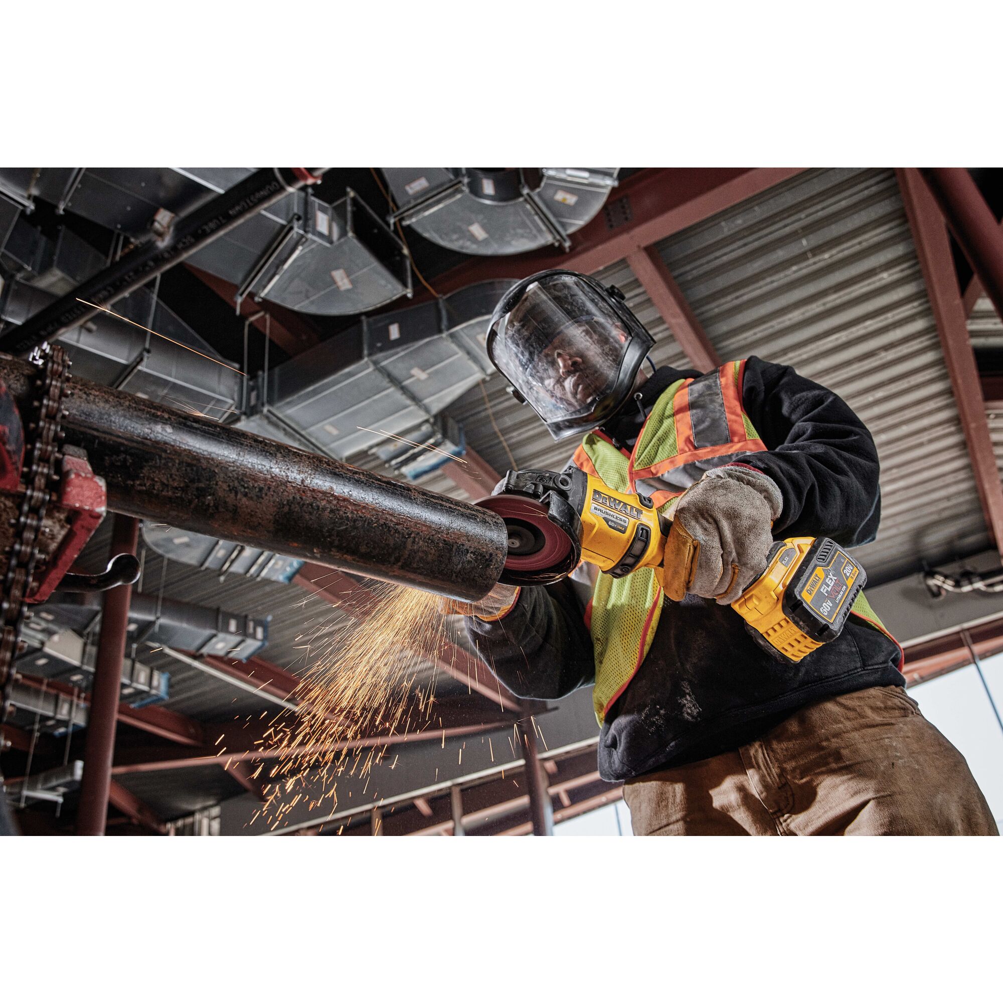 20 Volt to 60 Volt 9 AMP hours Lithium-Ion Battery-powered Polishing Tool being used by a construction worker to polish a metal rod at a construction site
