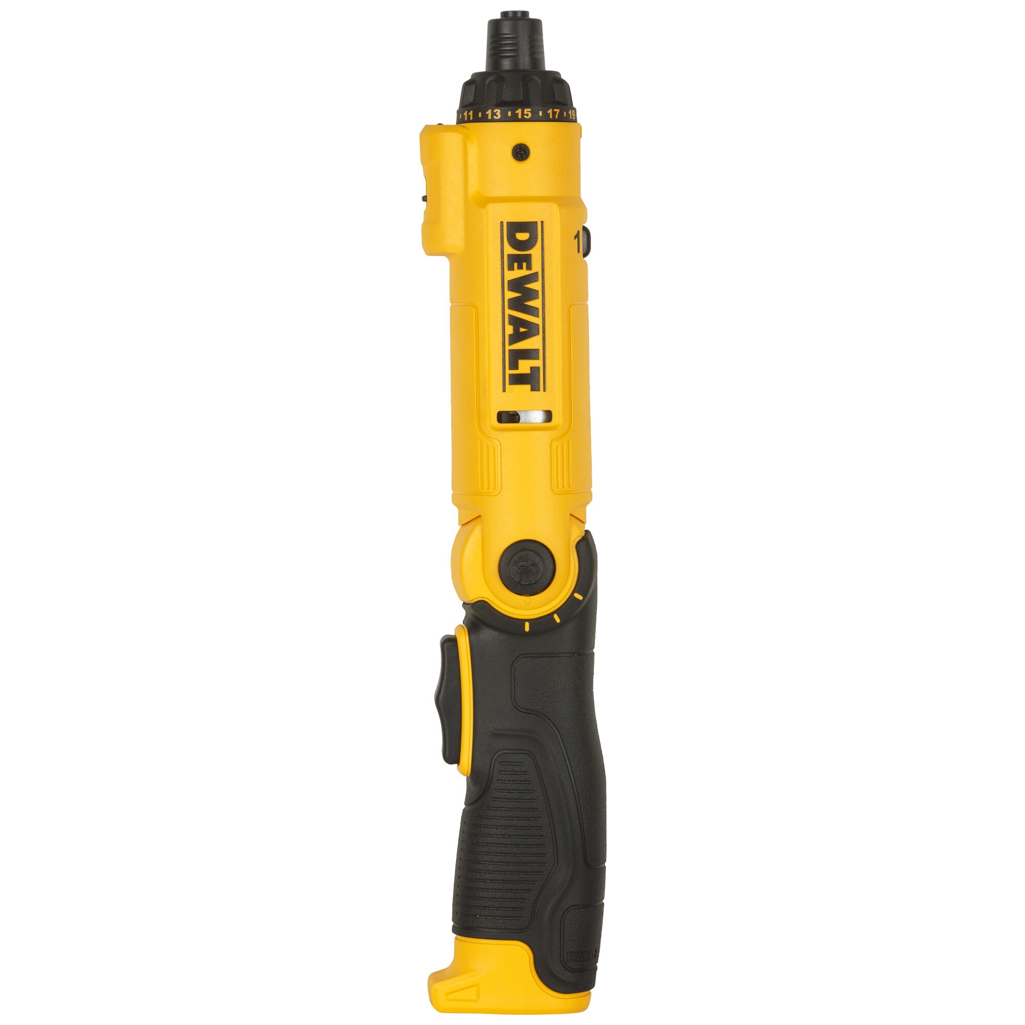 A yellow and black DEWALT electric screwdriver with an ergonomic handle and rotary adjustment dial, shown in a vertical position.