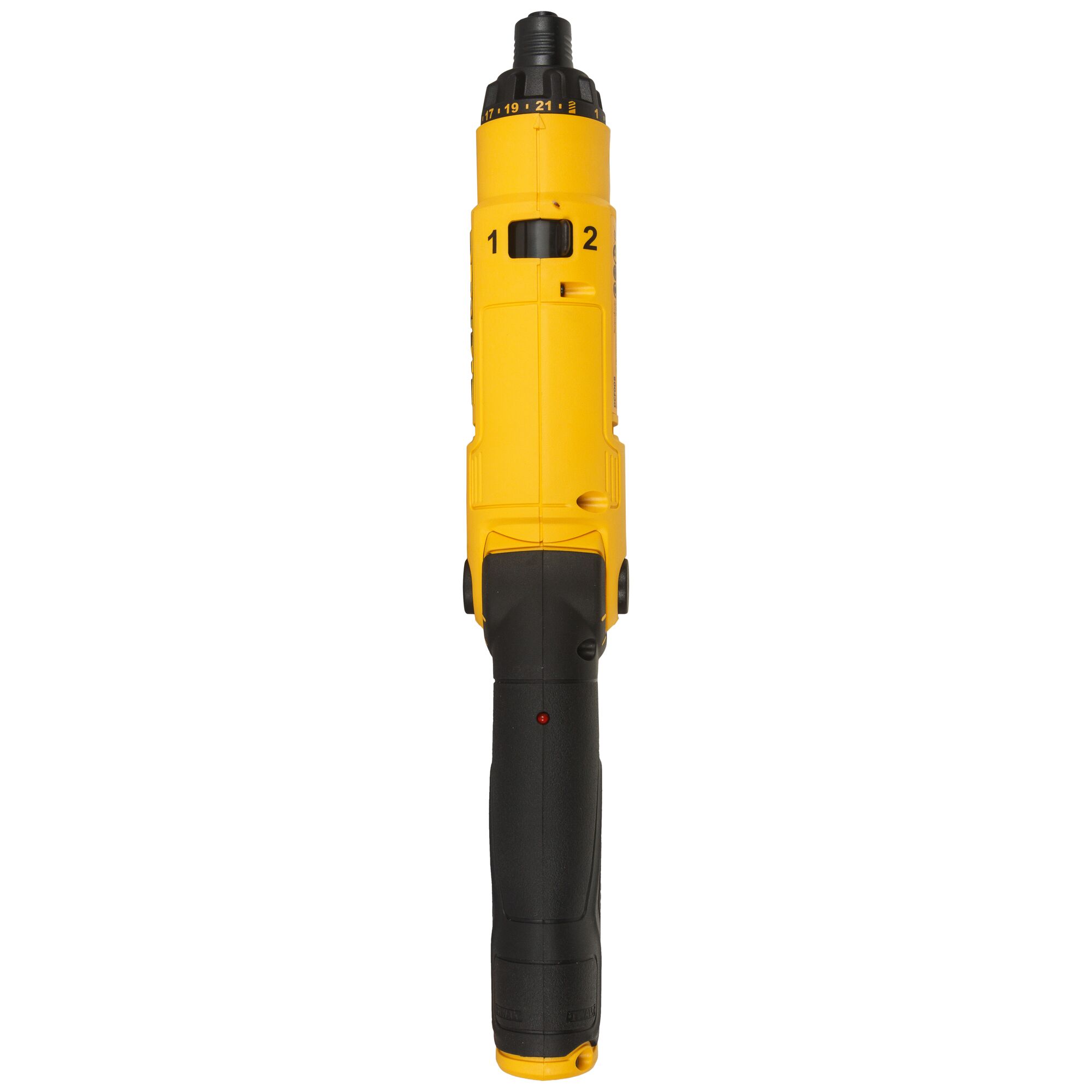 A DEWALT yellow and black cordless electric screwdriver, shown upright, featuring a dial for torque adjustment and ergonomic grip.