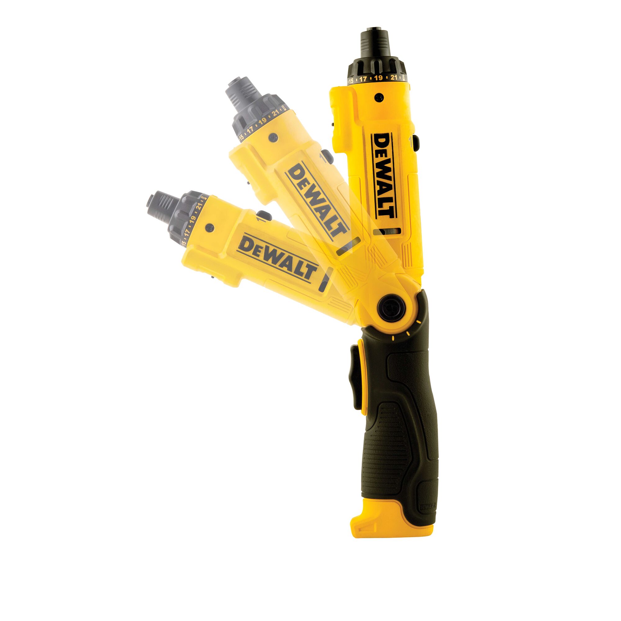 A yellow and black DEWALT cordless screwdriver with an adjustable pivoting handle shown in three different angled positions on a white background.