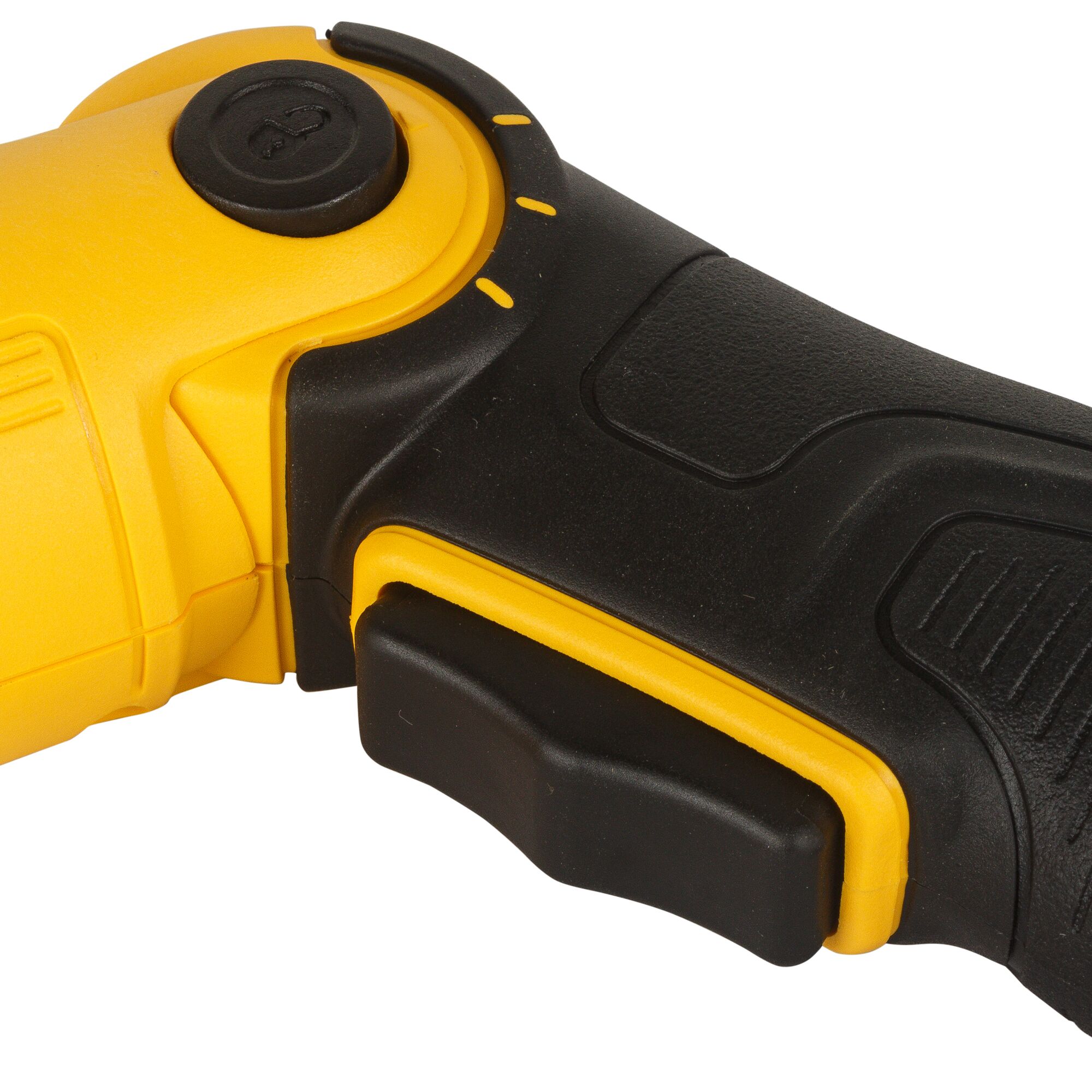 Close-up image of the handle and trigger area of a DEWALT power tool, showing black and yellow ergonomic grip and adjustment button.