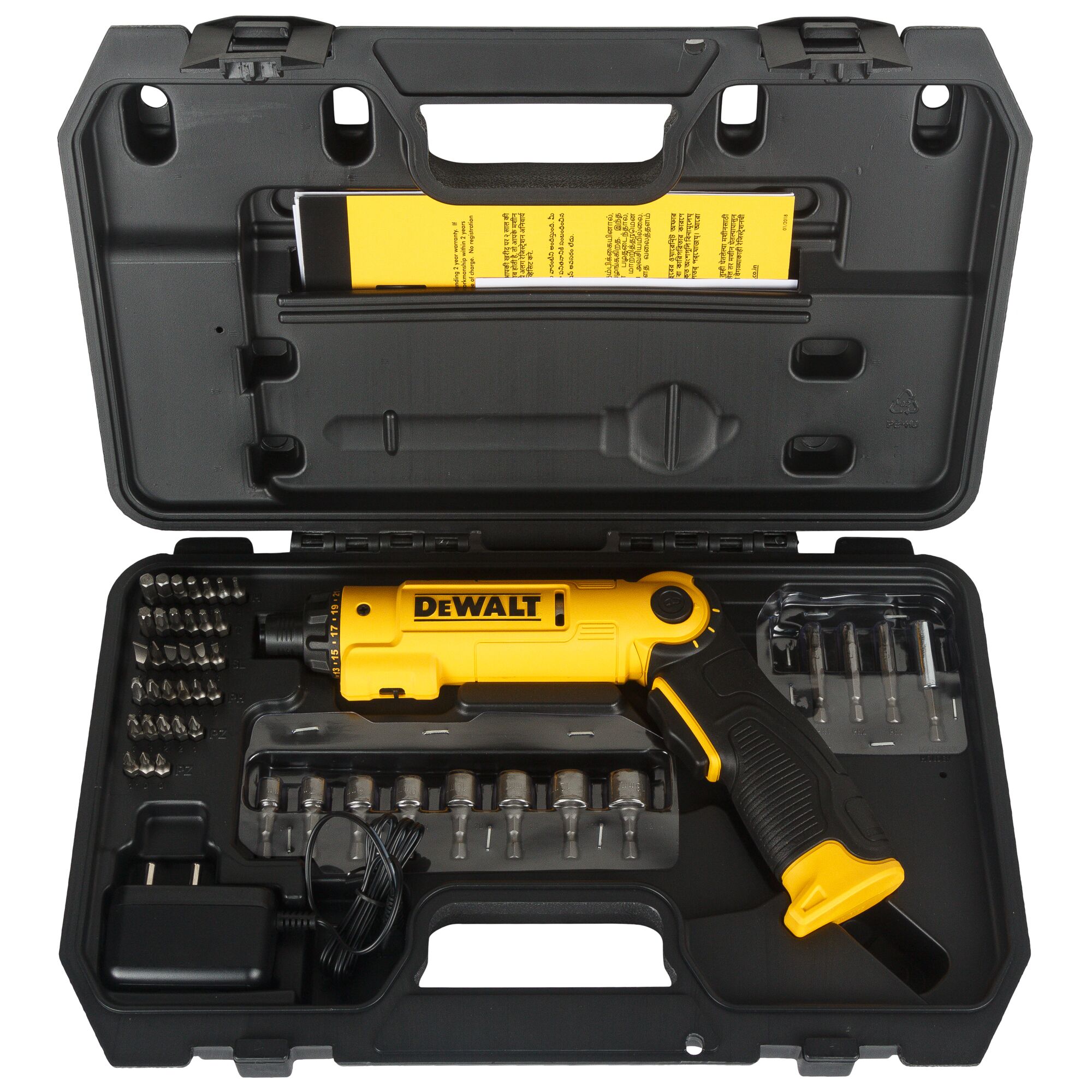 A DEWALT electric screwdriver set in a black hard plastic carrying case. The set includes a yellow and black electric screwdriver, multiple screwdriving bits, sockets, a charger, and an instruction manual.
