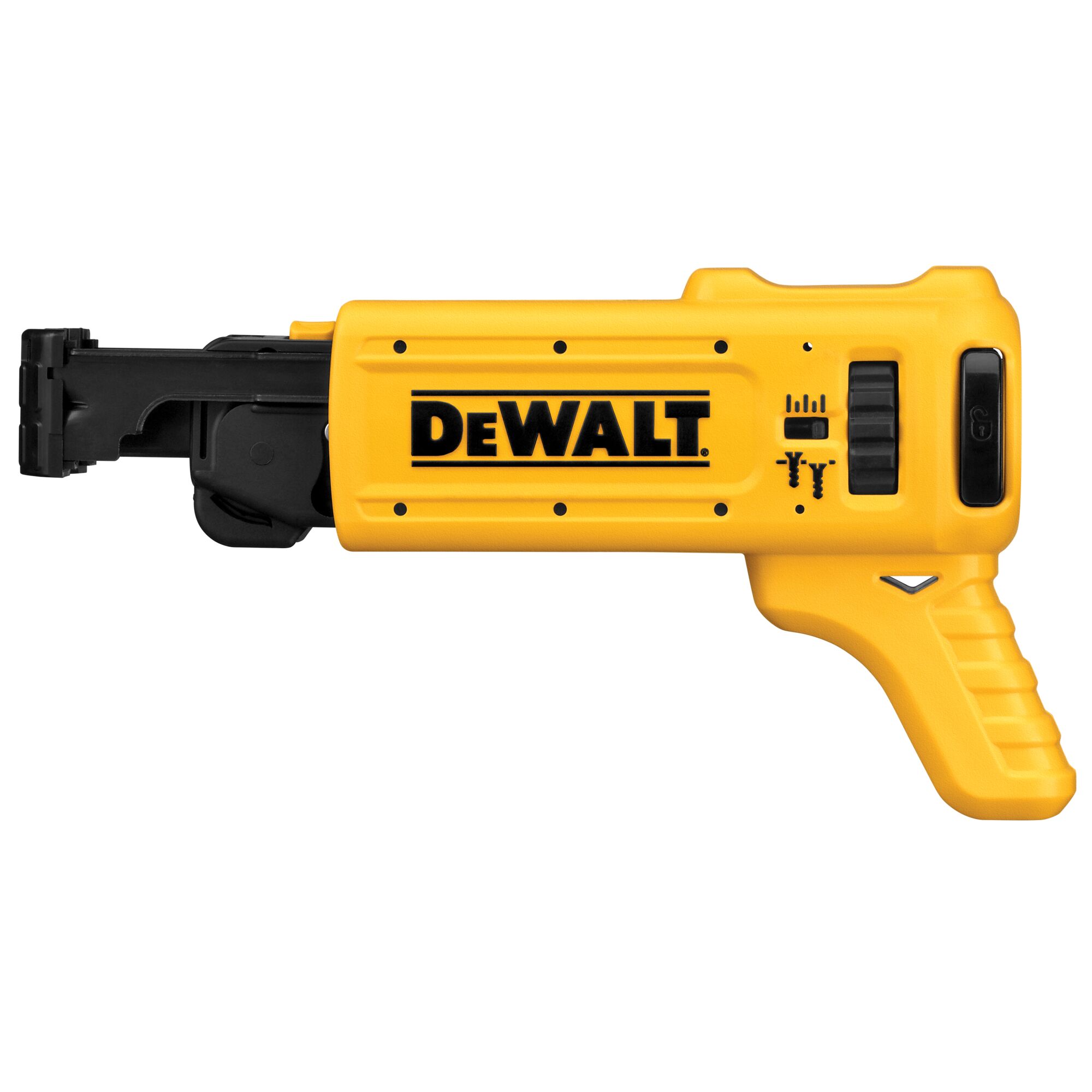DEWALT DCF6201 yellow screw gun magazine attachment for drywall, shown from the side against white background.