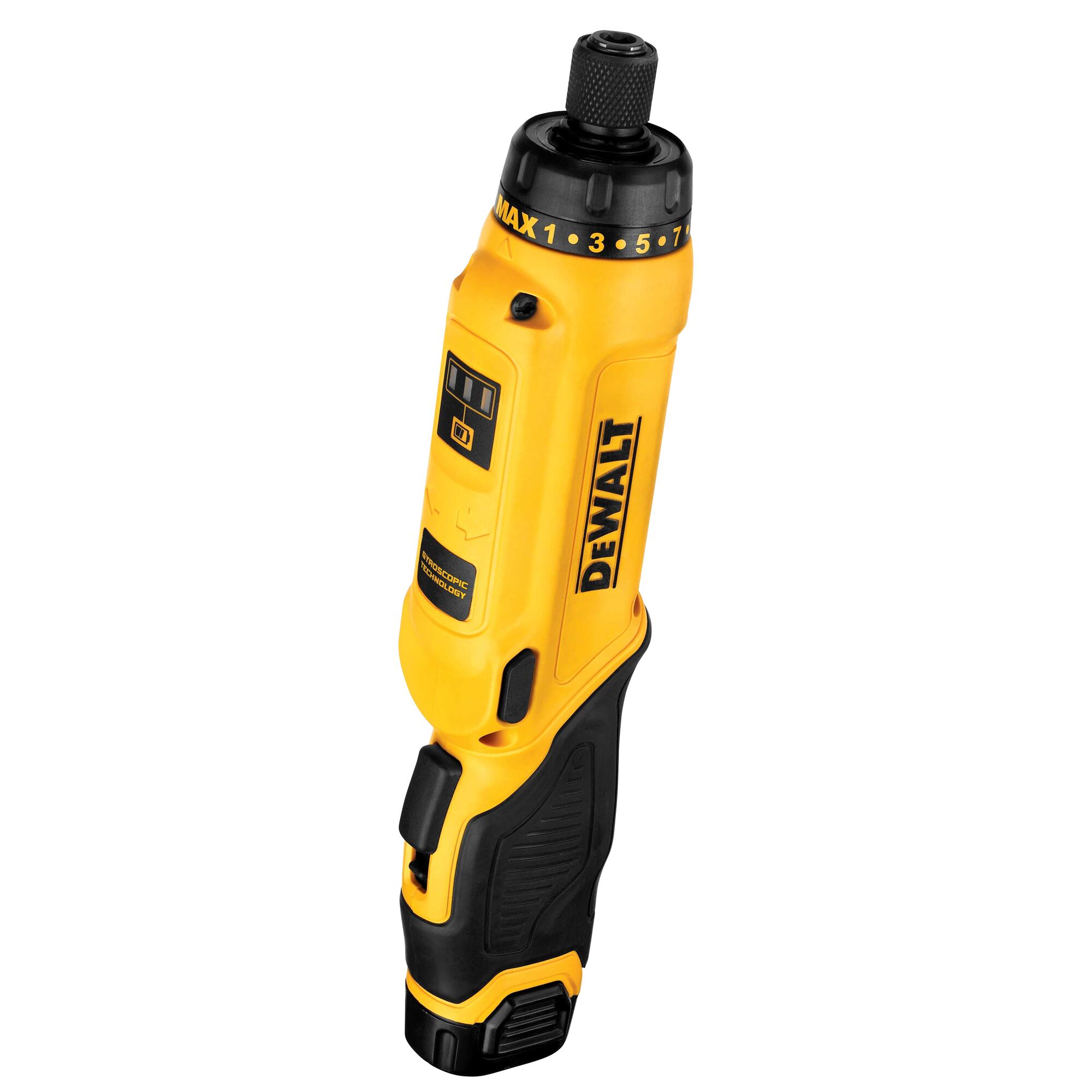 Vertical view of gyroscopic screwdriver 2 battery in in-line operation.
