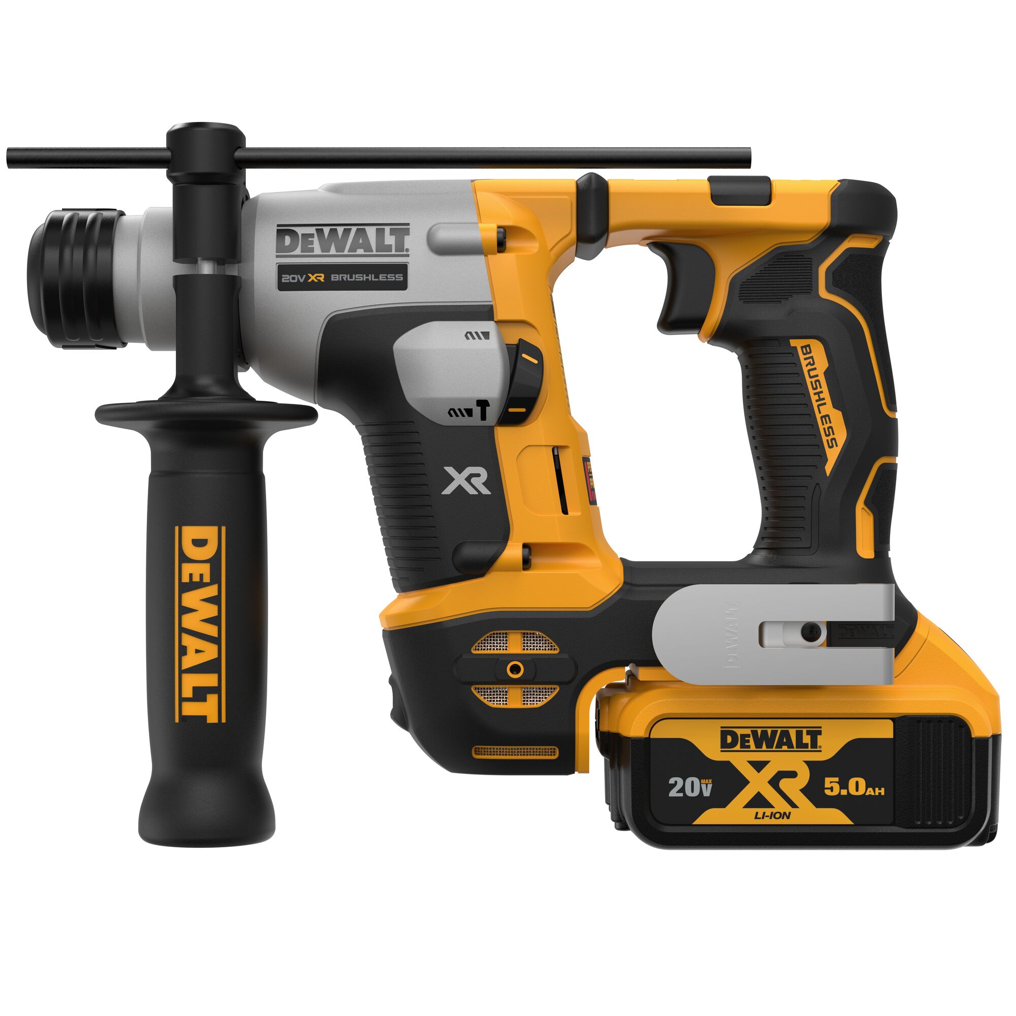 A DEWALT 20V XR brushless rotary hammer drill with a side handle and a 5.0Ah lithium-ion battery, shown in yellow and black.