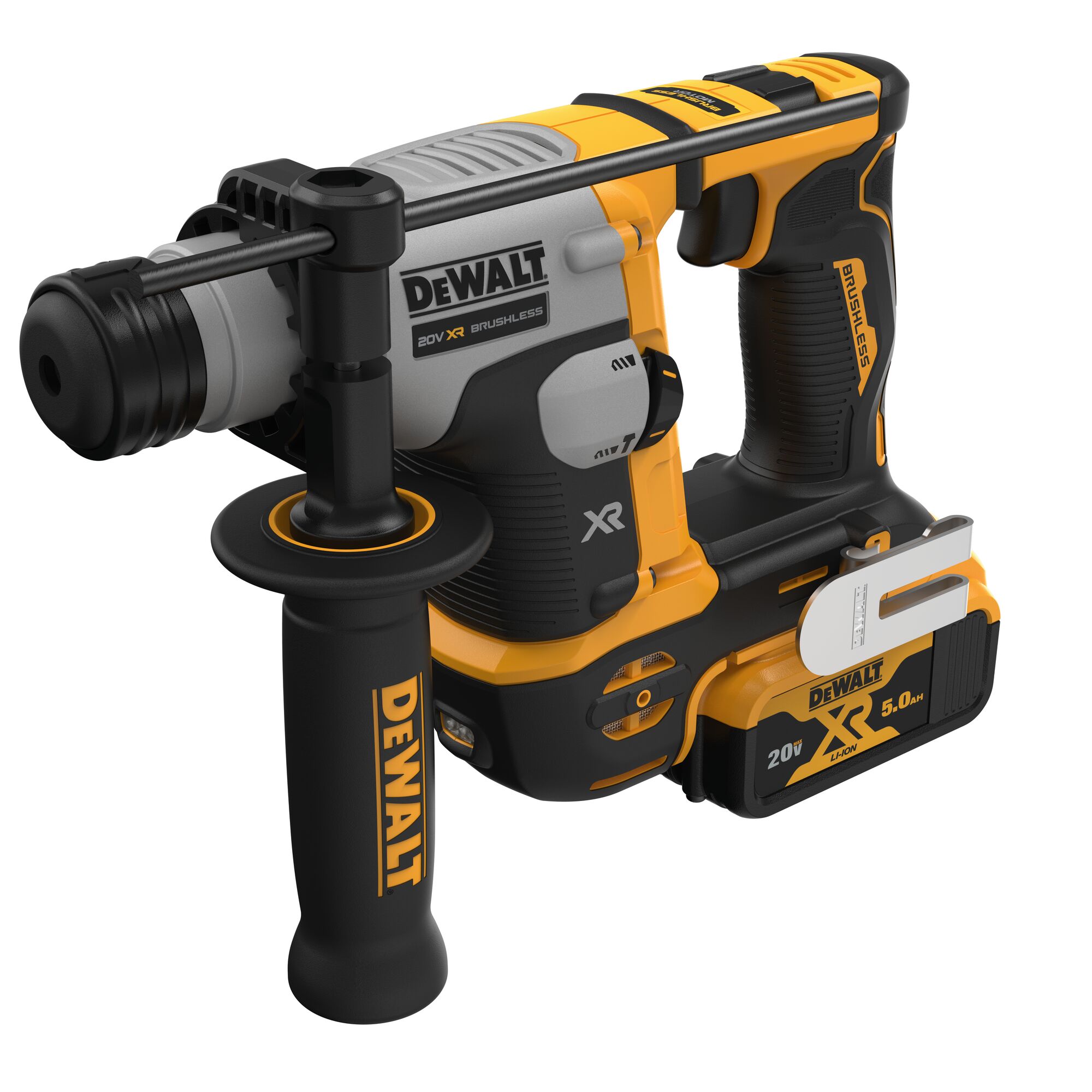 A DEWALT DCH172P2 20V XR brushless cordless rotary hammer drill with side handle and battery pack, shown in black and yellow colors.