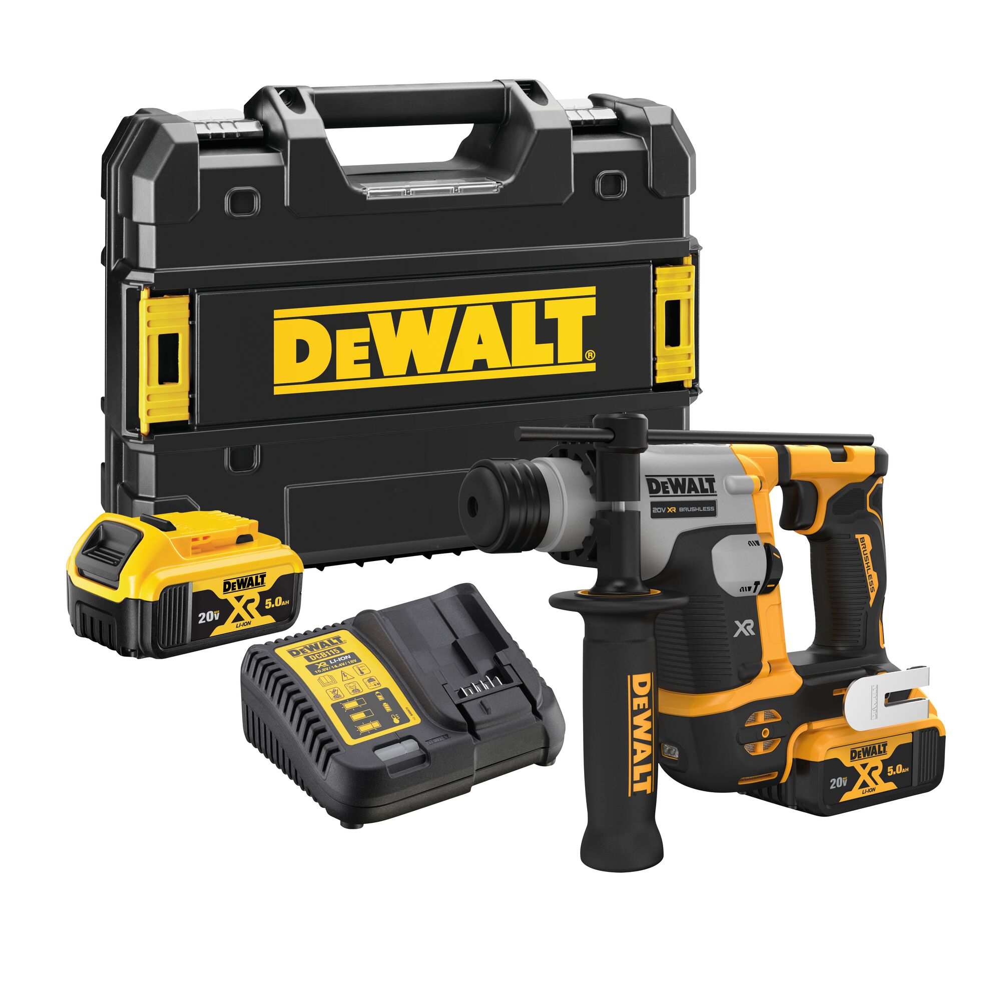 DEWALT cordless rotary hammer drill set including a black carrying case with yellow accents, two 20V XR 5.0Ah lithium-ion batteries, a battery charger, and the rotary hammer drill, designed for professional construction and drilling tasks.