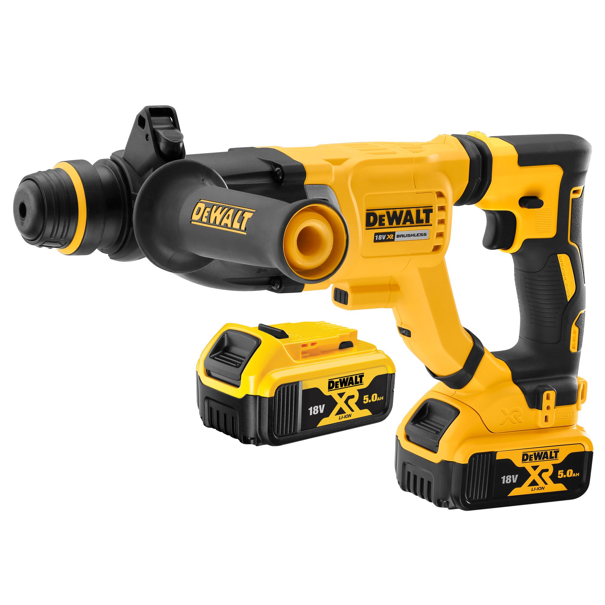 A DeWalt cordless rotary hammer drill with two 18V 5.0Ah lithium-ion batteries, shown on a white background.