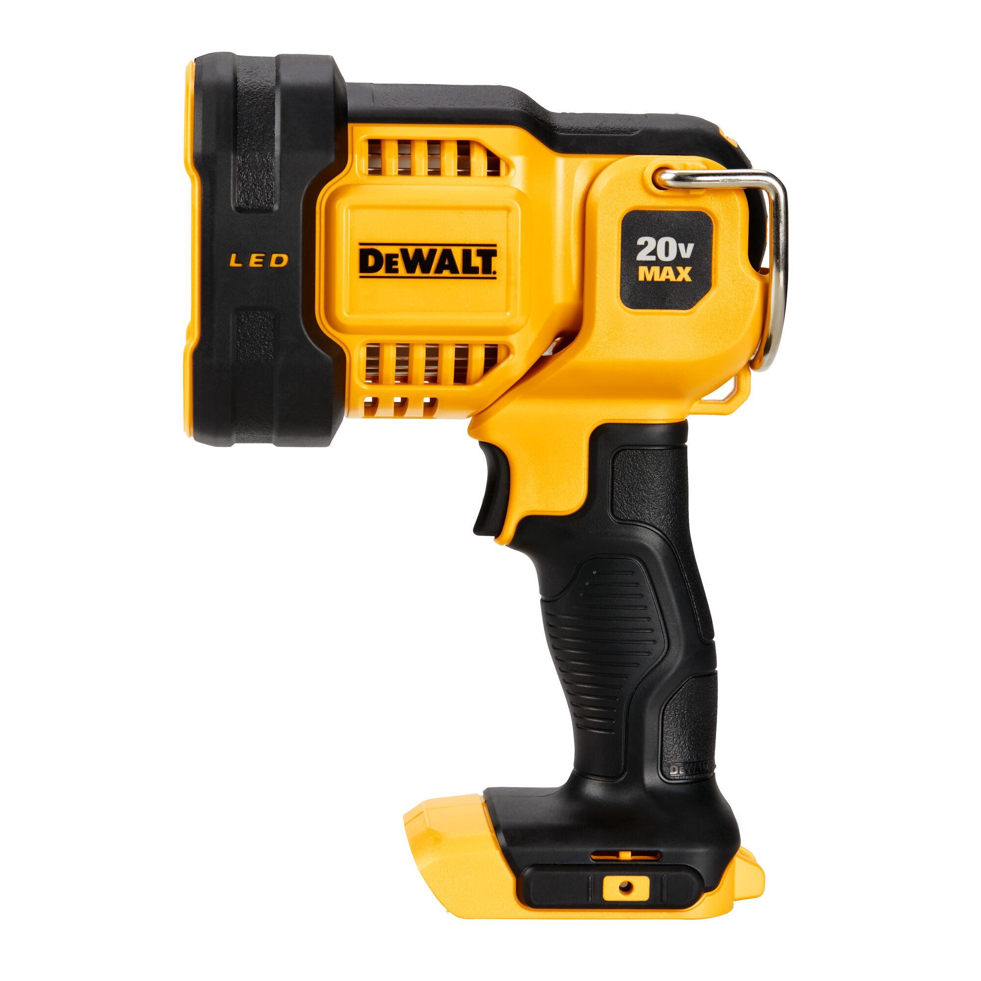 A DEWALT 20V MAX LED handheld work light, featuring a black and yellow ergonomic design with a prominent handle and battery compartment at the bottom.