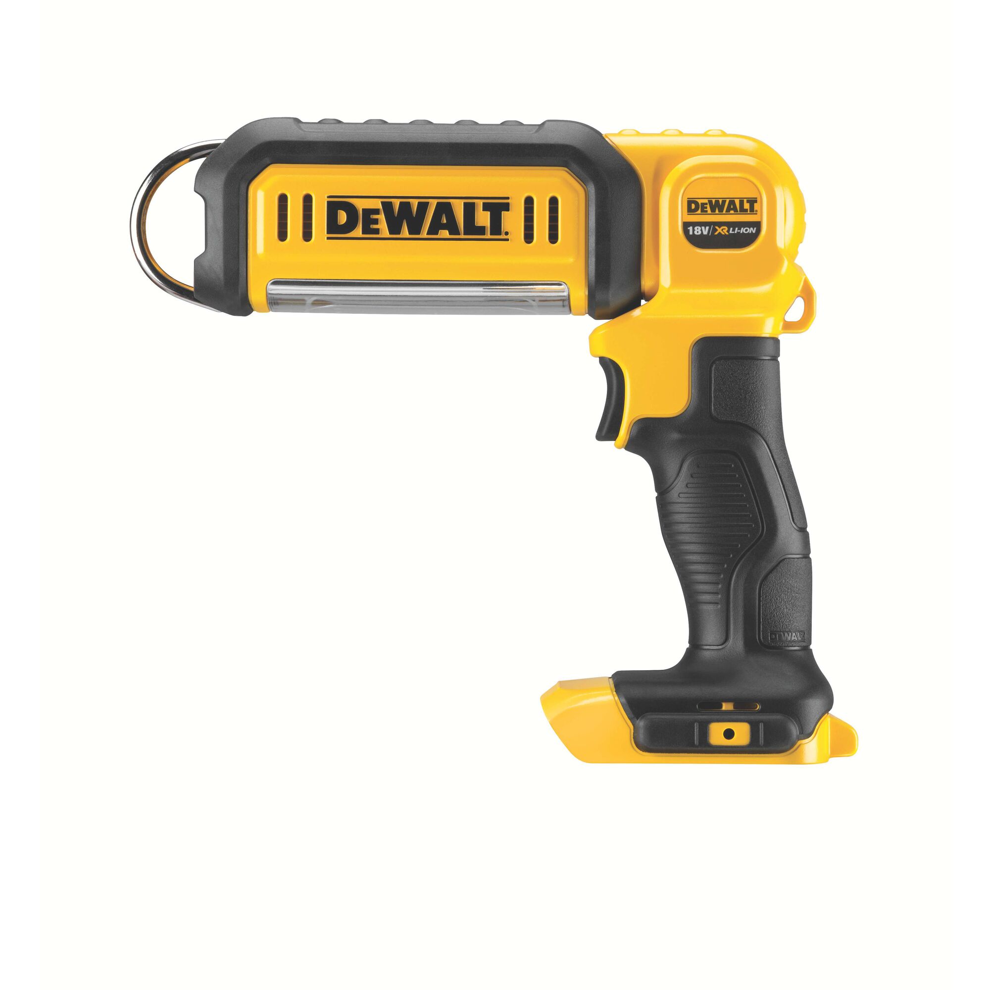 A yellow and black DEWALT cordless LED work light, model DCL050. The tool has a pistol grip handle, a trigger, and a rectangular light head with a metal hanging hook on the end.
