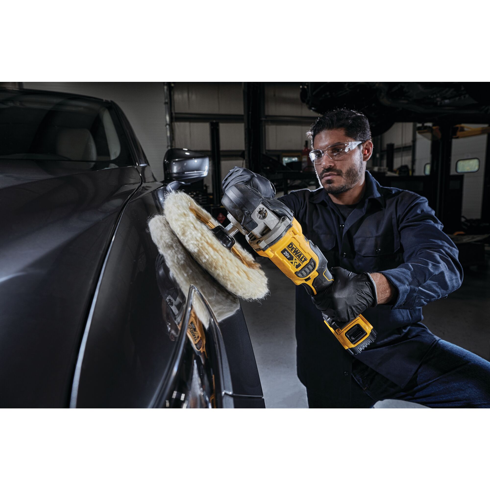 XR cordless variable speed rotary polisher being used by a person to polish a car