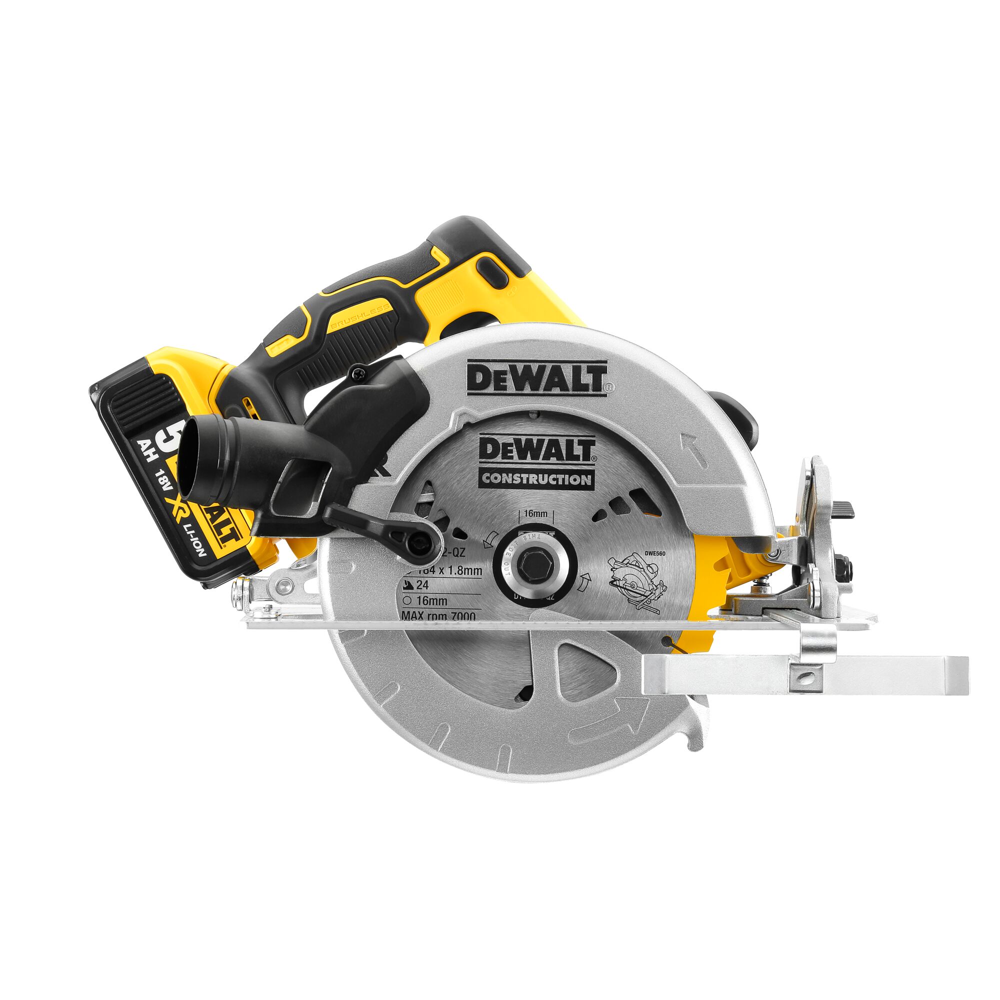 DEWALT cordless circular saw with yellow and black handle, construction blade, and battery attached.