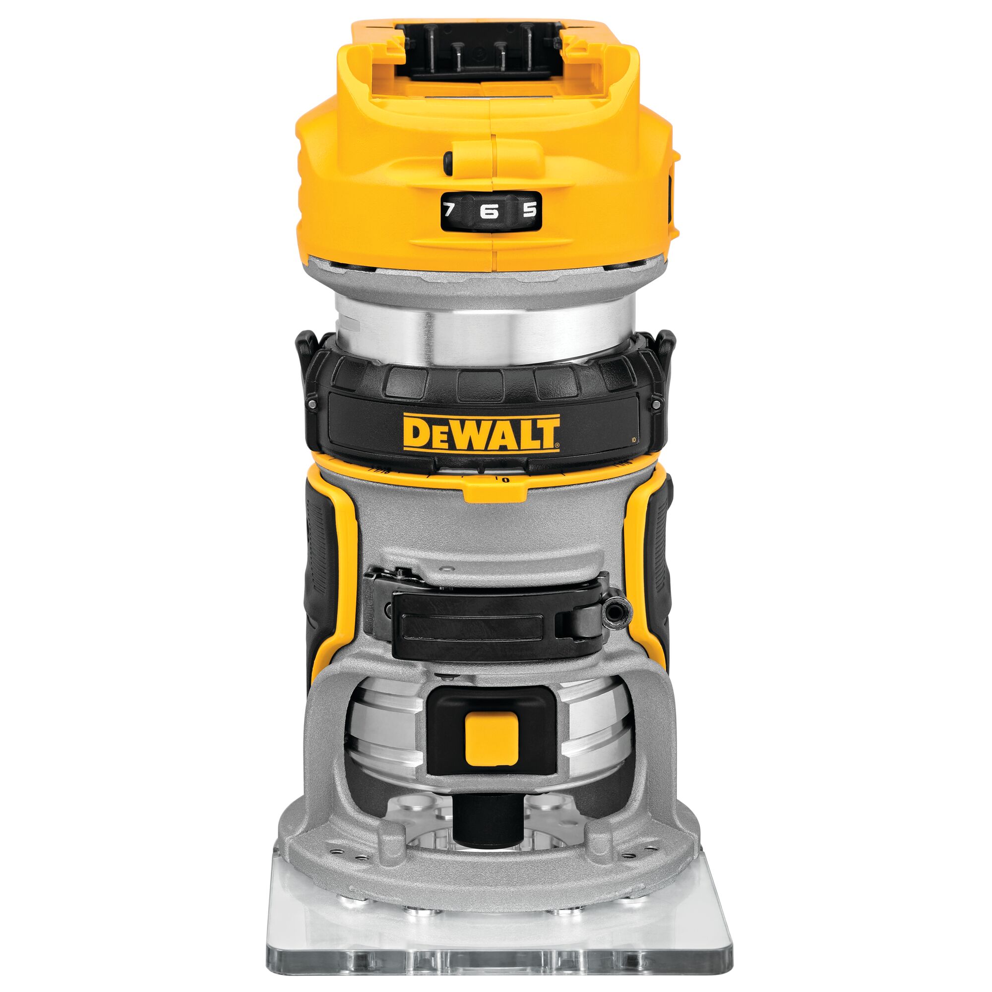 A DEWALT DCW600B cordless compact router, featuring a yellow and black design, shown from the front with adjustment controls visible.