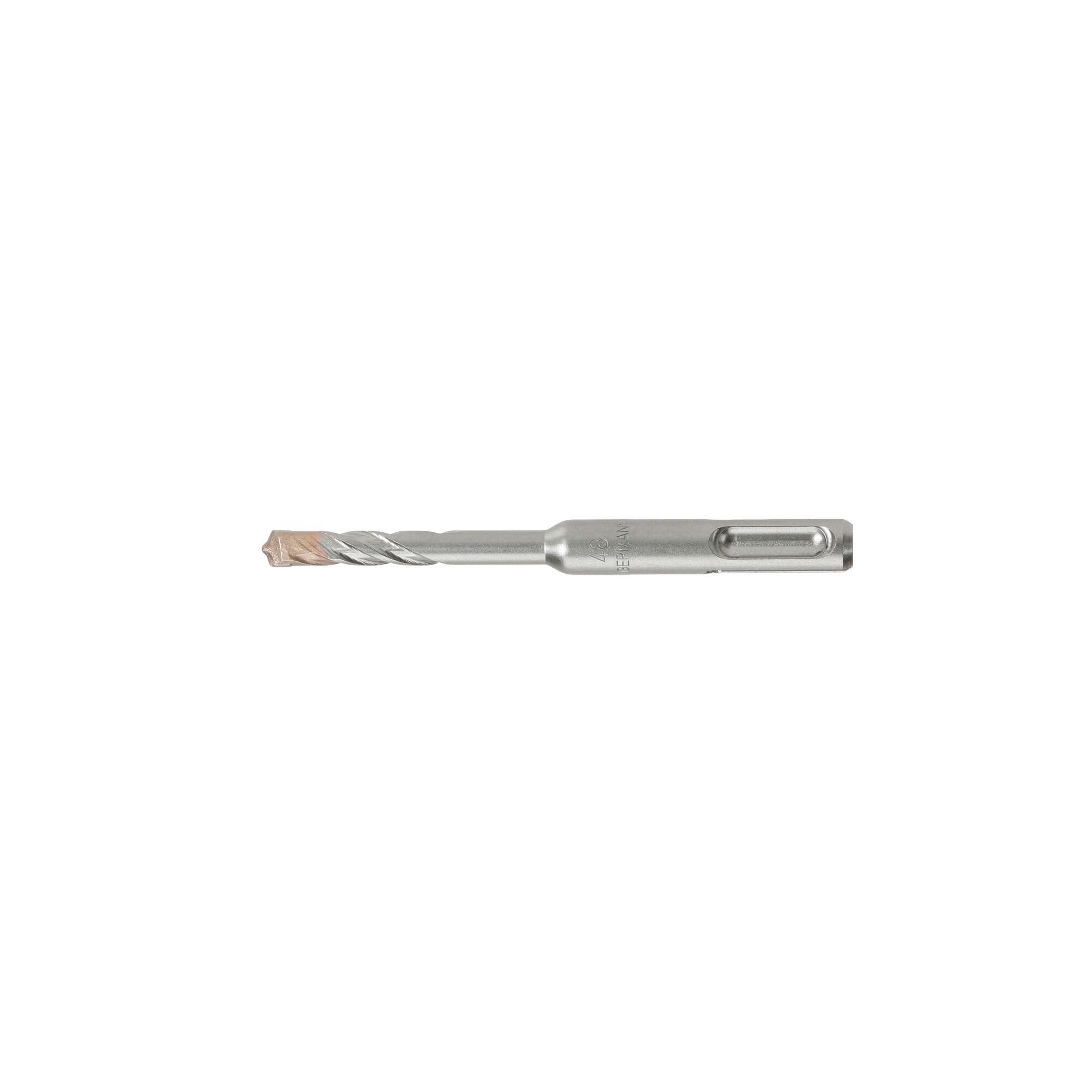 Single DEWALT SDS drill bit for masonry, silver, with spiral flutes and flat shank, isolated on white.