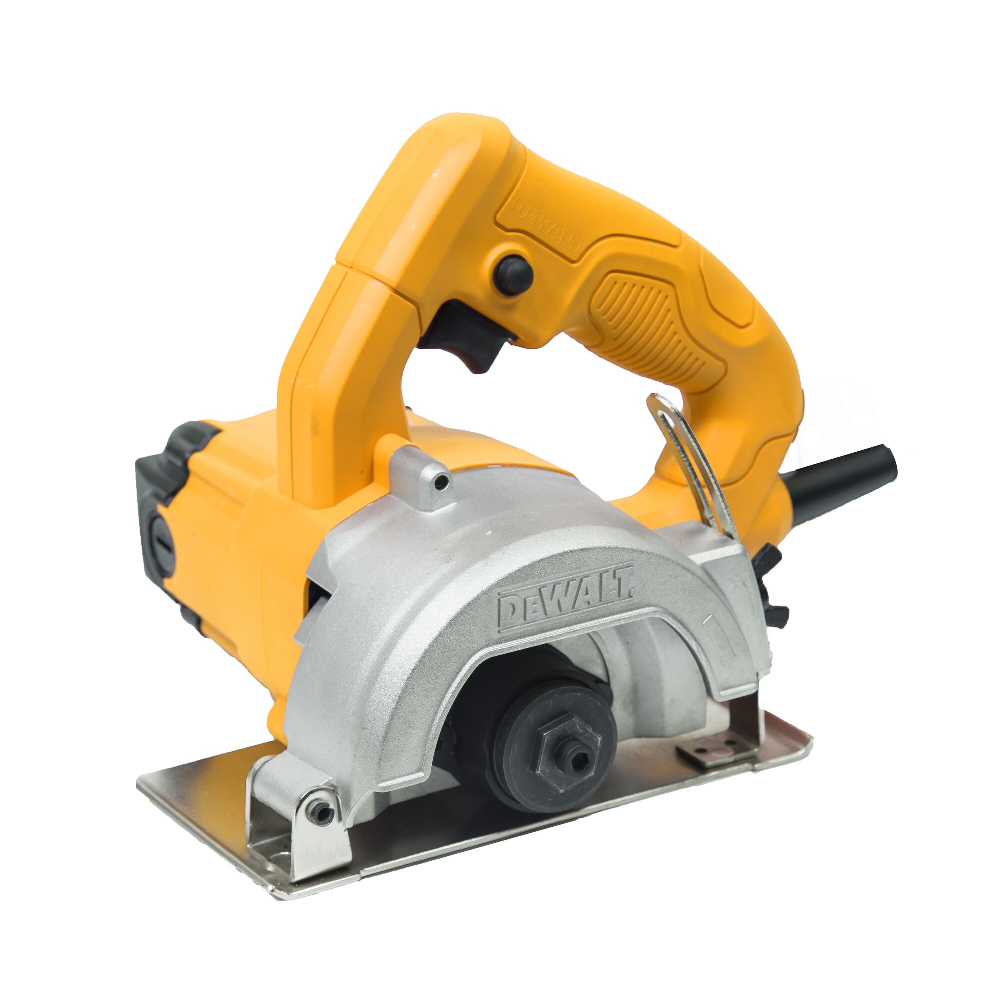 A DEWALT DW862 electric circular saw with a yellow and silver design, featuring a robust handle and metal base, suitable for cutting various materials.
