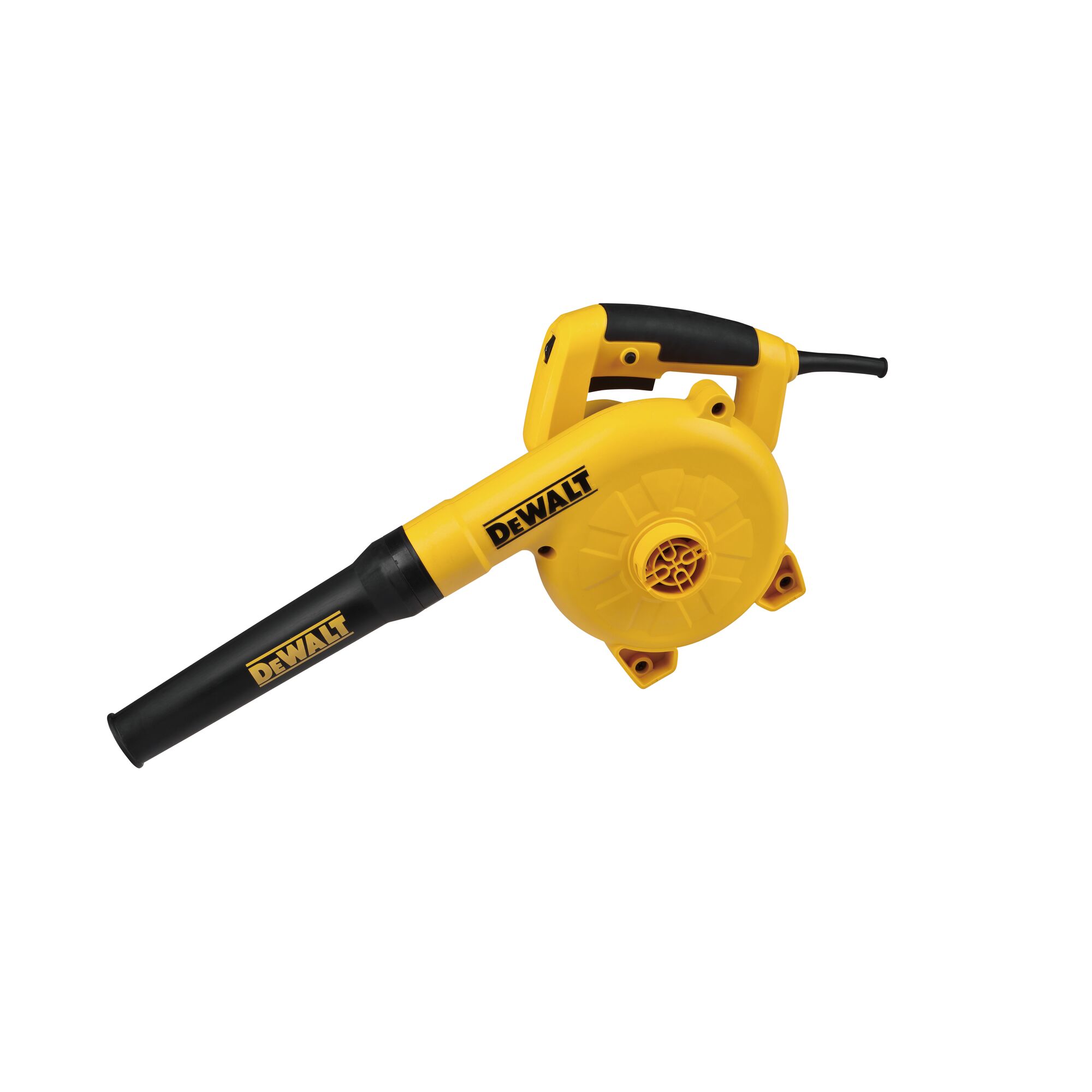A yellow and black DEWALT electric blower, model DWB6800, shown against a white background. The blower is compact with a handle and a long nozzle.