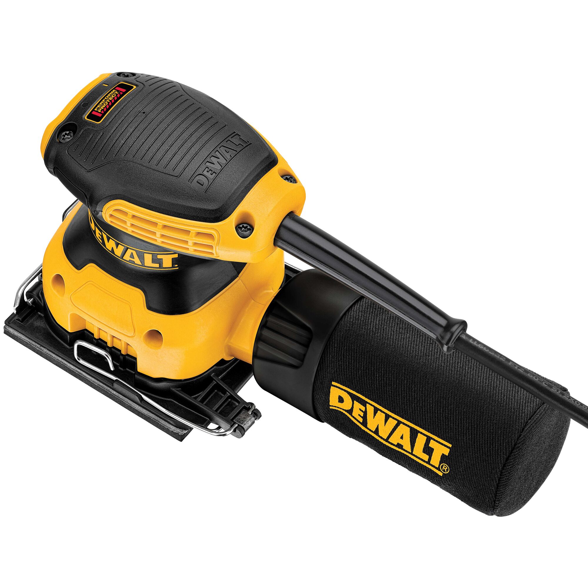 A close-up image of a DEWALT DWE6411 yellow and black electric hand sander, showing its dust collection bag and ergonomic design.