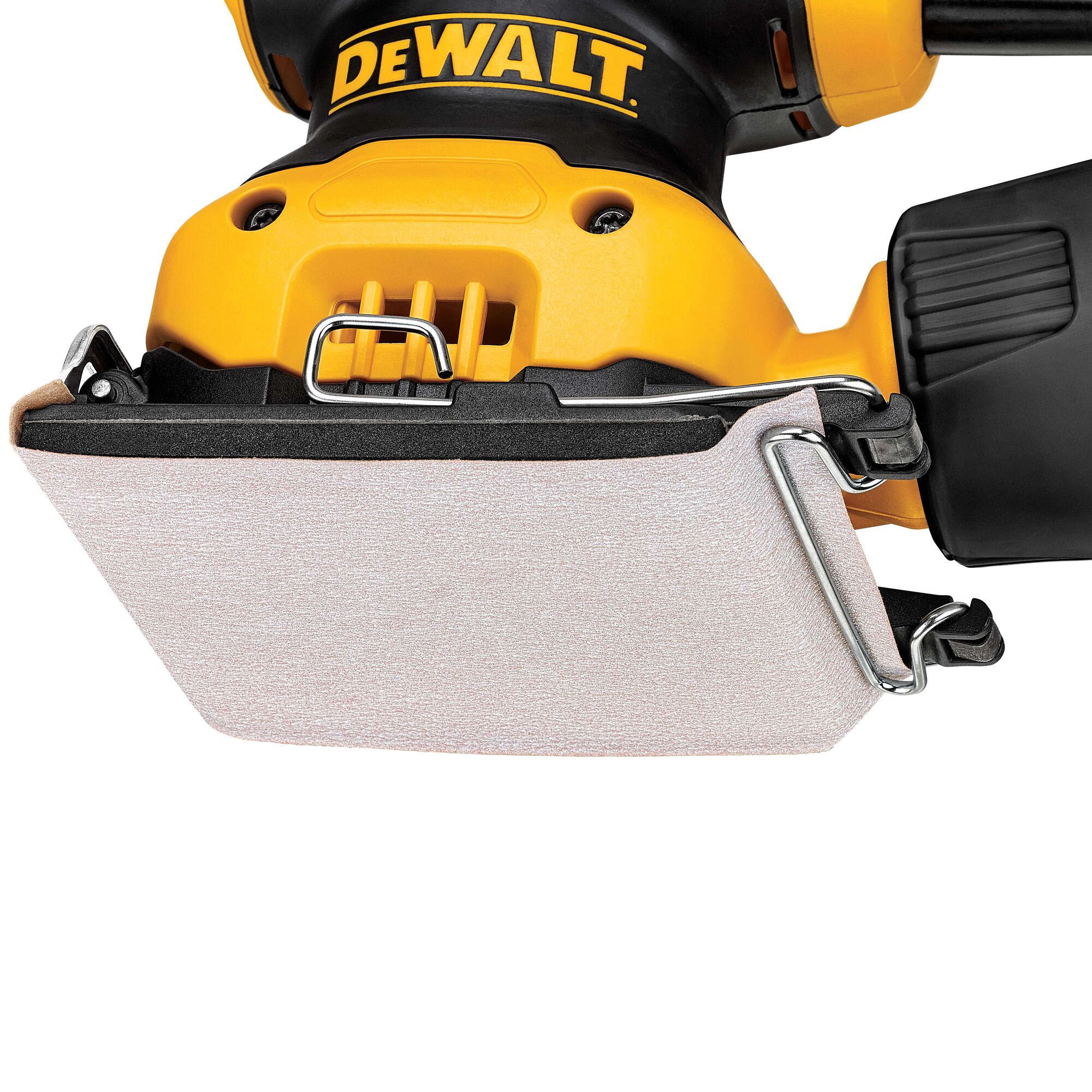 Close-up view of a DEWALT DWE6411 yellow and black electric sander with a rectangular sanding pad attached.