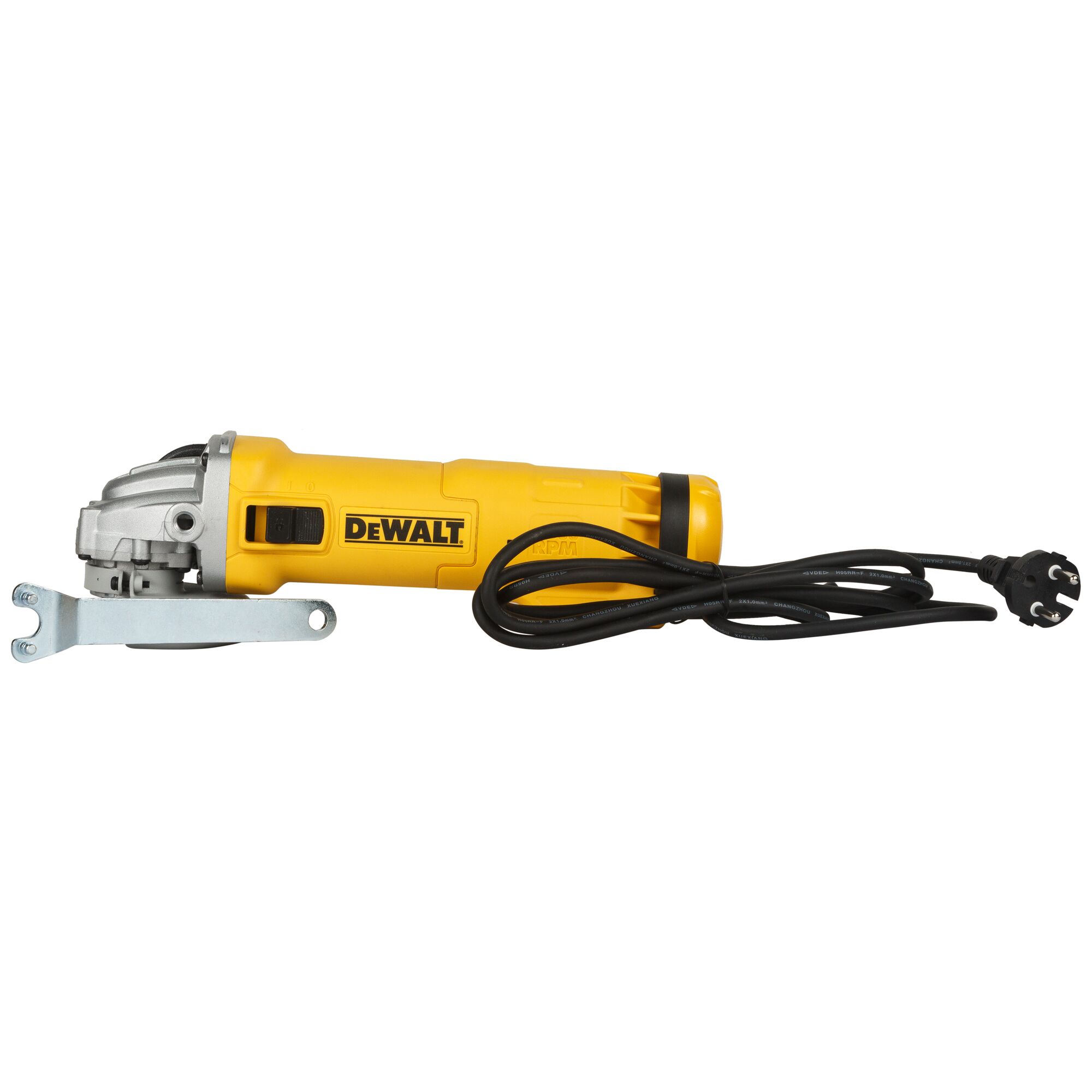 A yellow DEWALT angle grinder with a black power cord and a side handle attachment lying next to it.