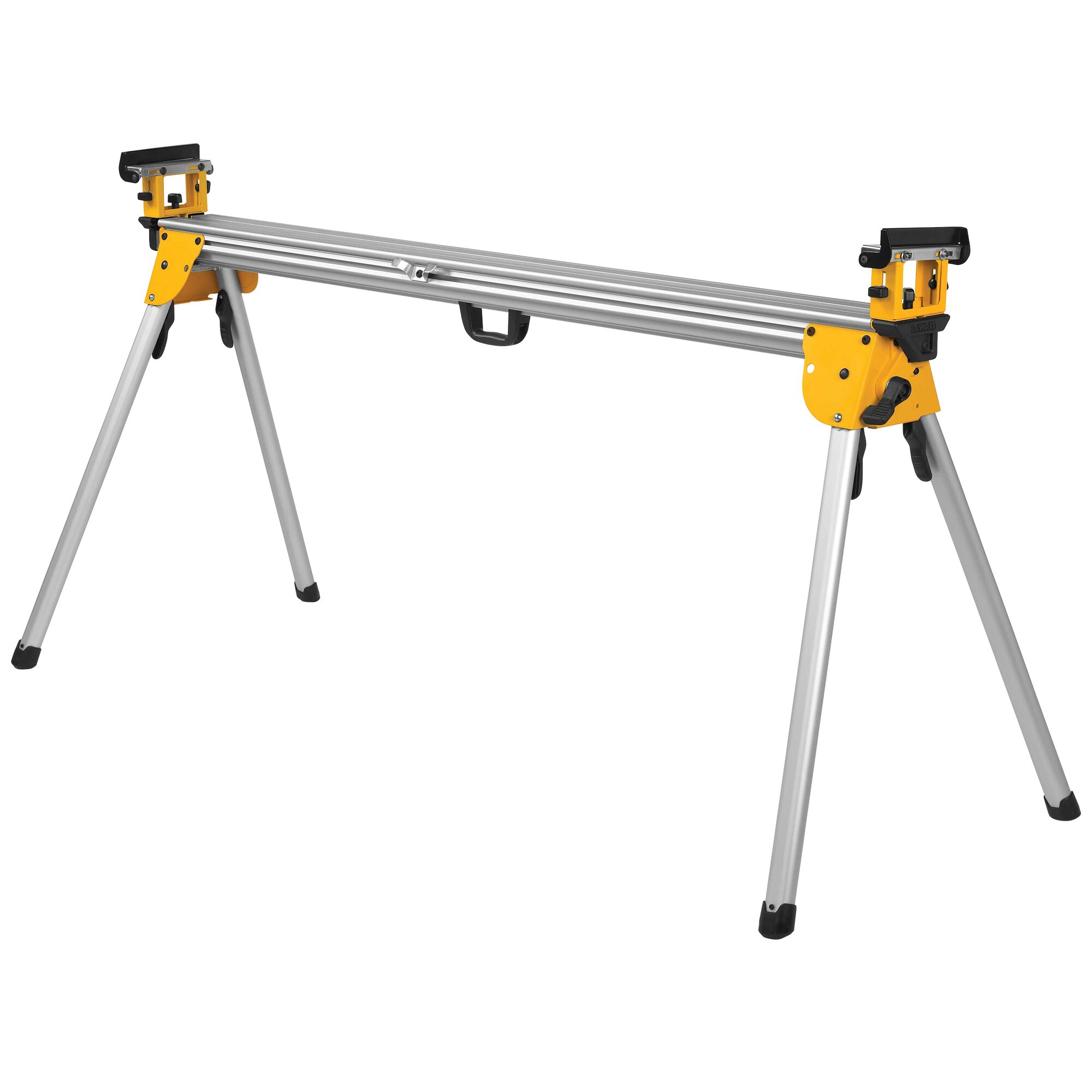 A DEWALT DWX723 heavy-duty aluminum miter saw stand with folding legs, yellow and silver color, designed for supporting miter saws during cutting tasks.