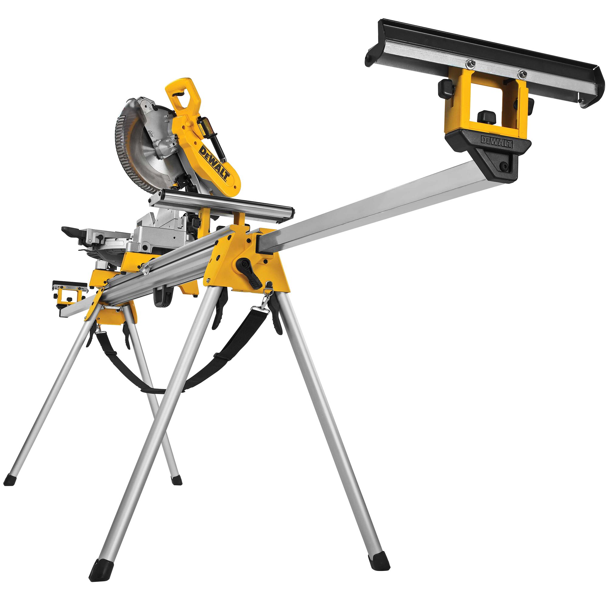 A DEWALT miter saw mounted on a yellow and silver metal stand with extended arms for supporting long pieces of material. The stand has four sturdy legs and adjustable material stops.