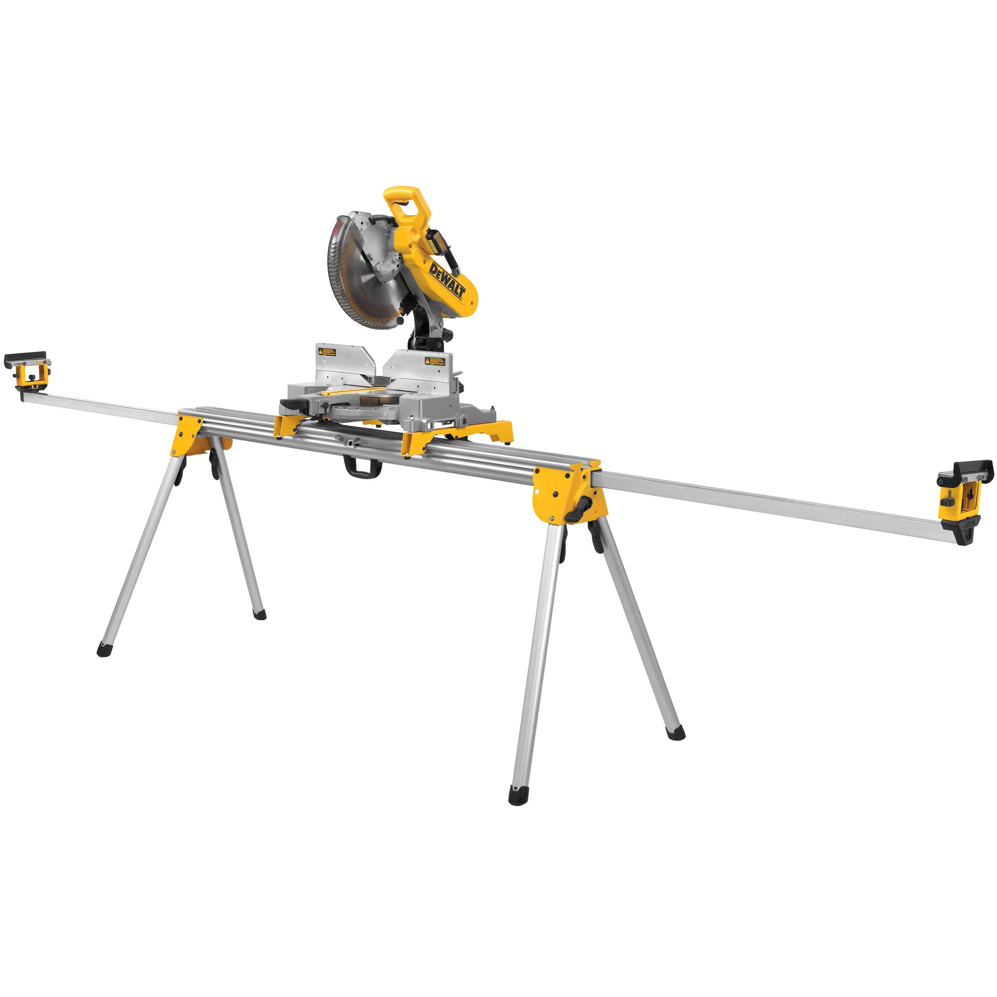 A DEWALT miter saw mounted on a silver and yellow stand with foldable legs, suitable for woodworking and construction tasks.