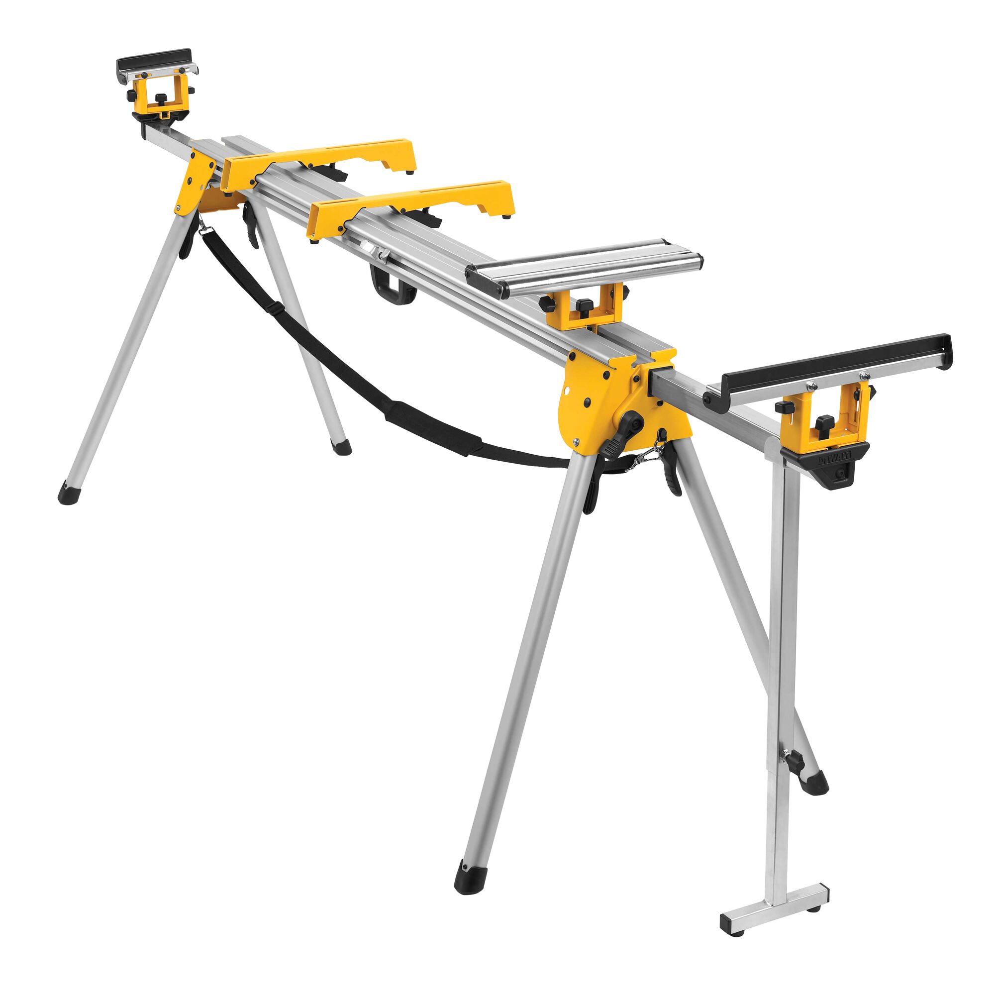 A DEWALT DWX723 miter saw stand with foldable legs and adjustable supports, featuring a yellow and silver metal frame, designed to hold and support saws and materials.