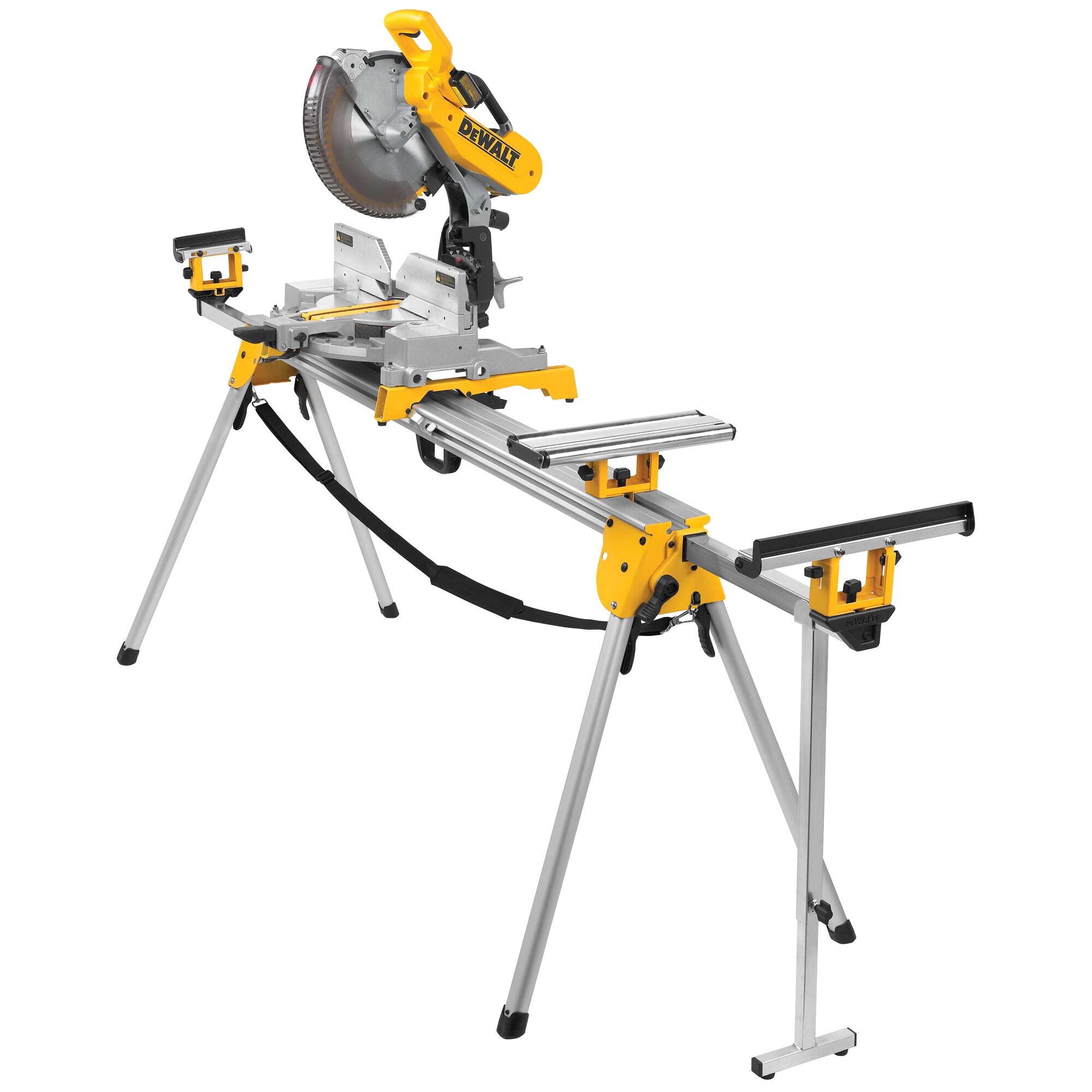 A DEWALT miter saw mounted on a yellow and silver portable saw stand with folding legs and adjustable supports.