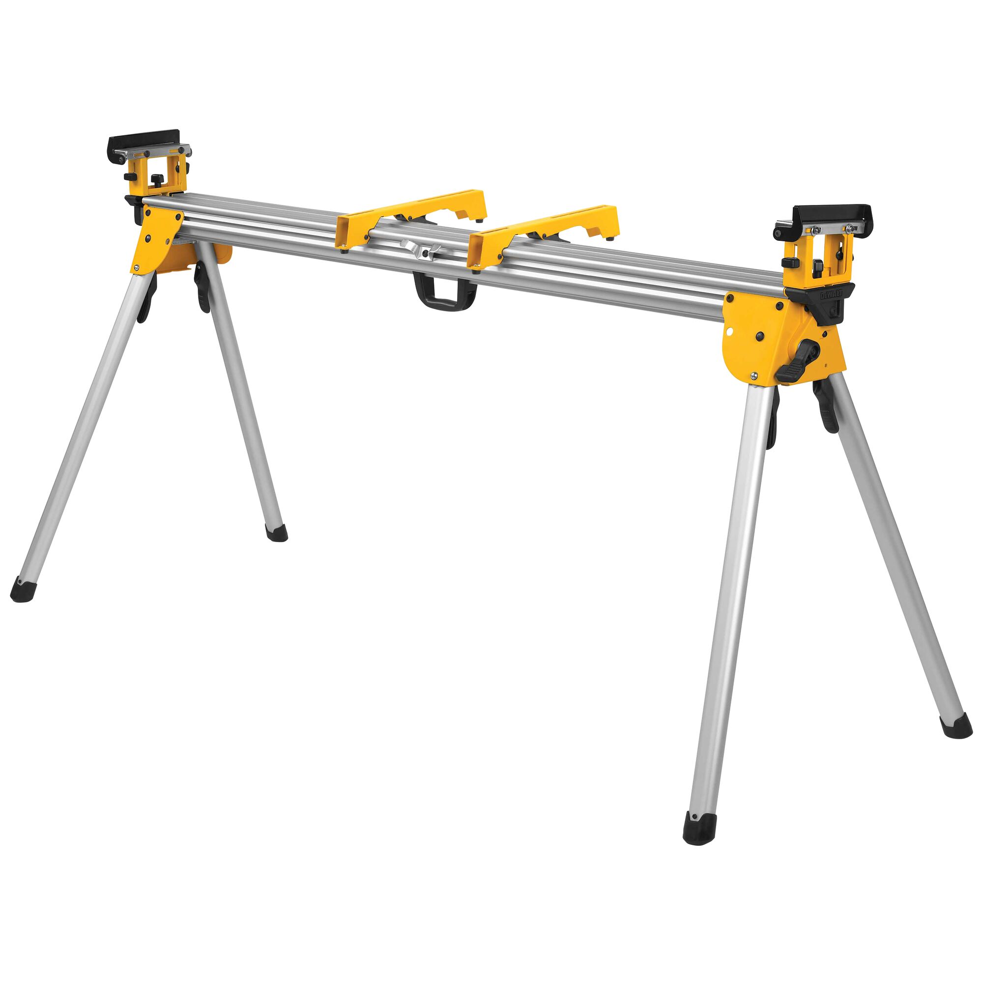 A DEWALT DWX723 aluminum miter saw stand with four foldable legs, yellow brackets, and adjustable mounts, designed for supporting miter saws and other tools.