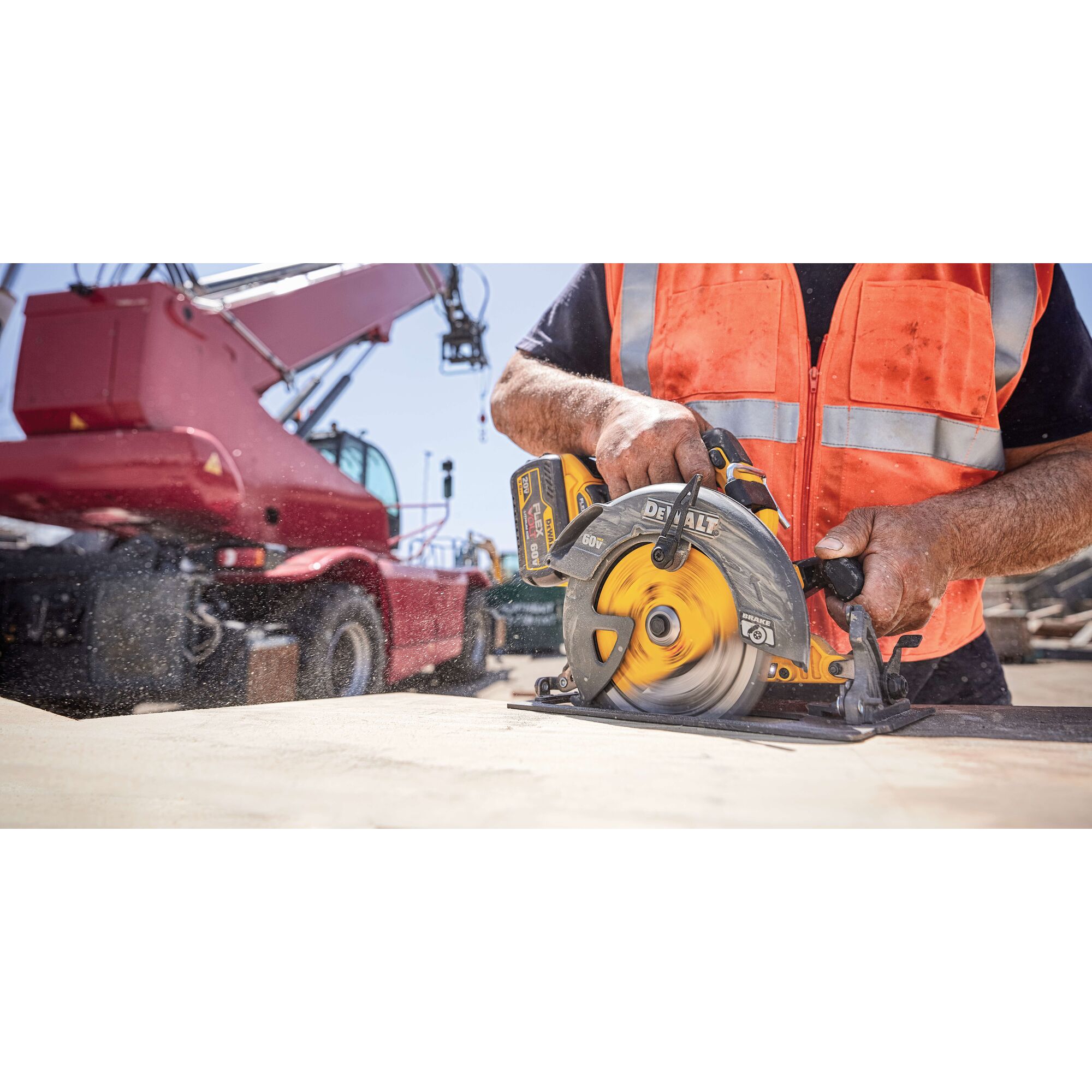 20 Volt to 60 Volt 9 AMP hours Lithium-Ion Battery-powered Circular Saw in use on a wooden sheet