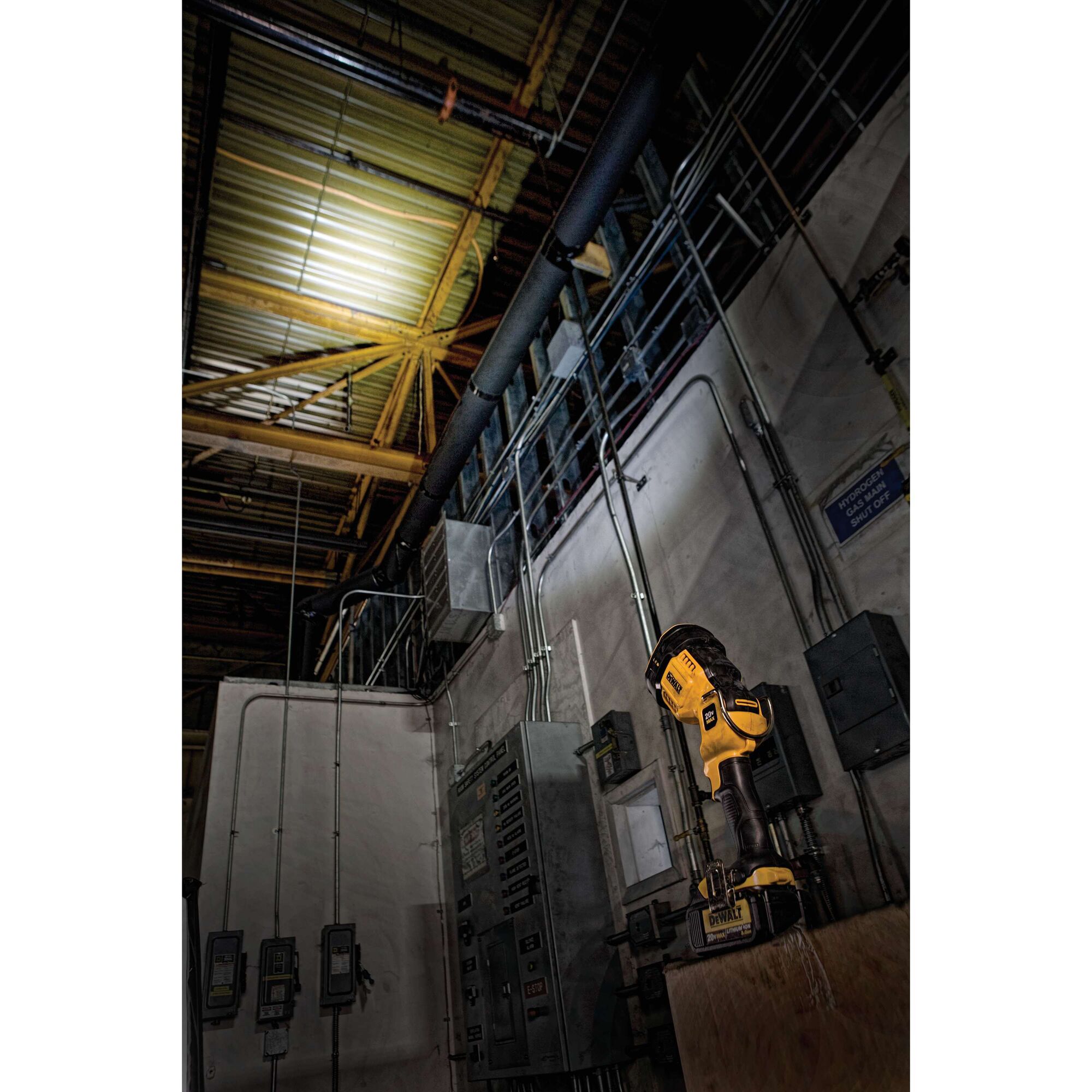 jobsite LED spotlight facing the roof